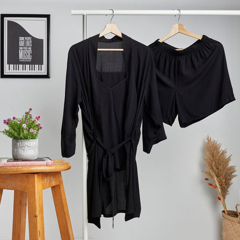Women summer 3 piece pajama set  Black Top +kimono & short